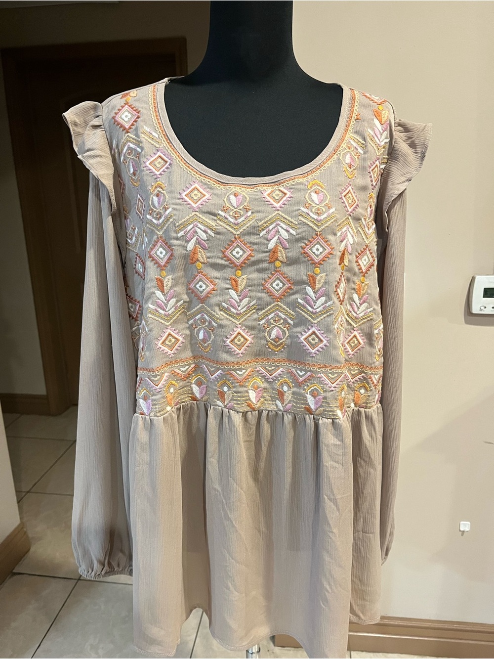 Savanna Jane Beige Blouse with Pink & Orange Embroidery